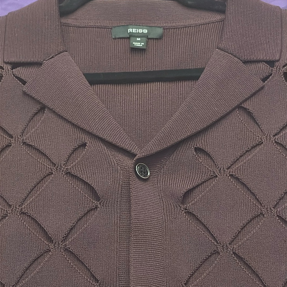 Reiss Ruby, laser, cut out diamond pattern, Cuban collar, shirt, size medium